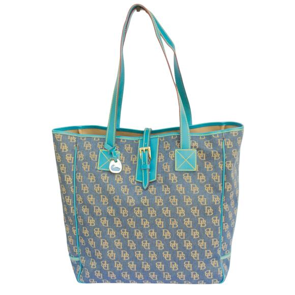 Extra Large DOONEY & BOURKE Blue Canvas Teal Leather Trim Work Shopping Tote Bag - Picture 1 of 10